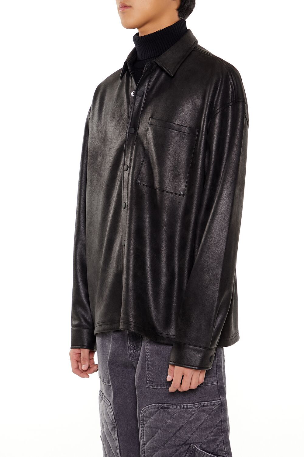  Forever 21 Faux Leather Button-Front Shirt - black - Bonton