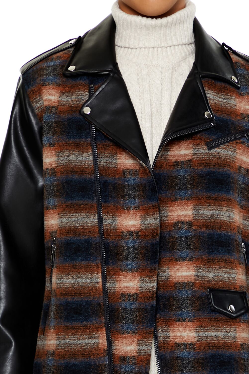  Forever 21 Plaid Faux Leather Moto Jacket - black-multi - Bonton