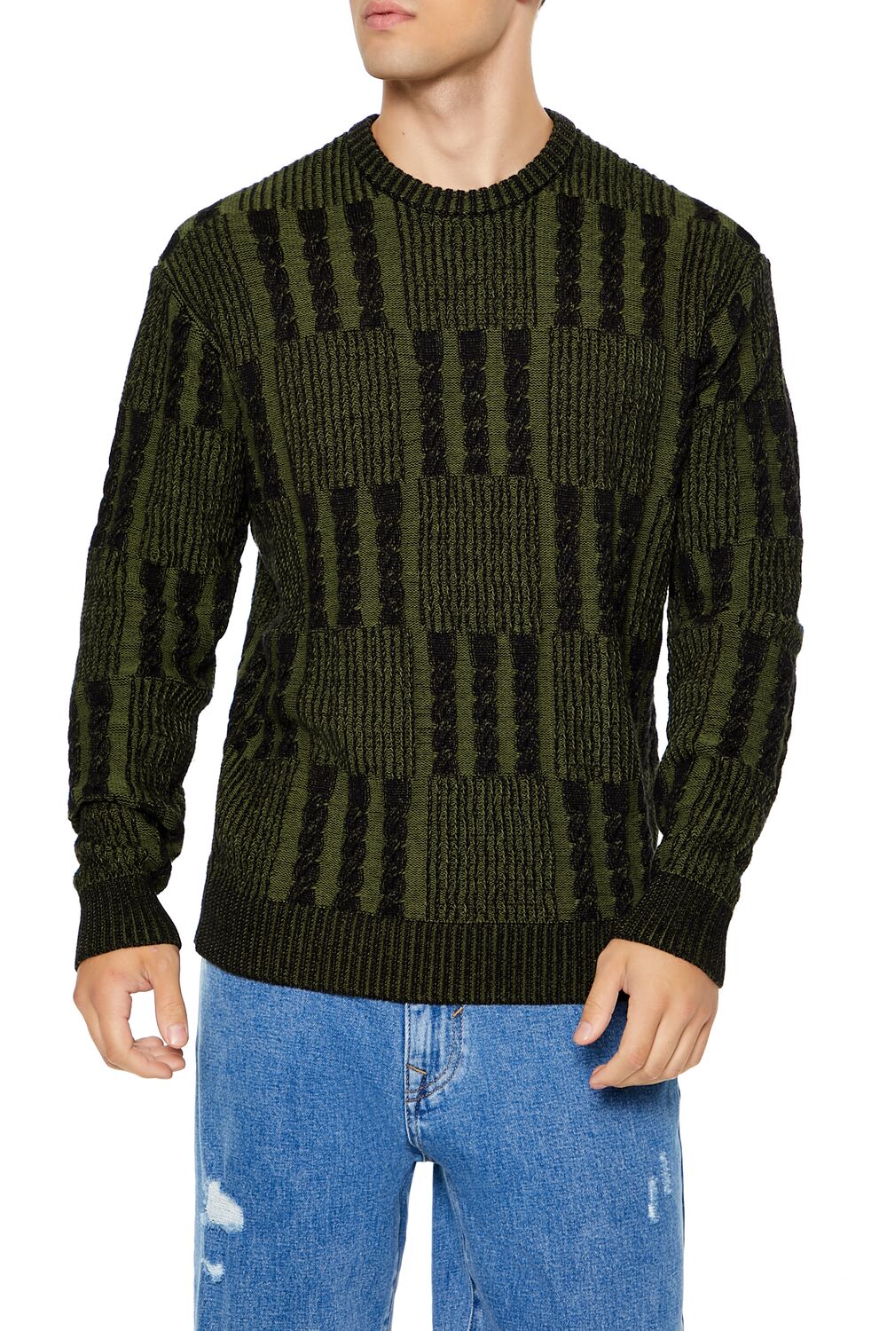  Forever 21 Checkered Cable Knit Sweater - olive multi - Bonton