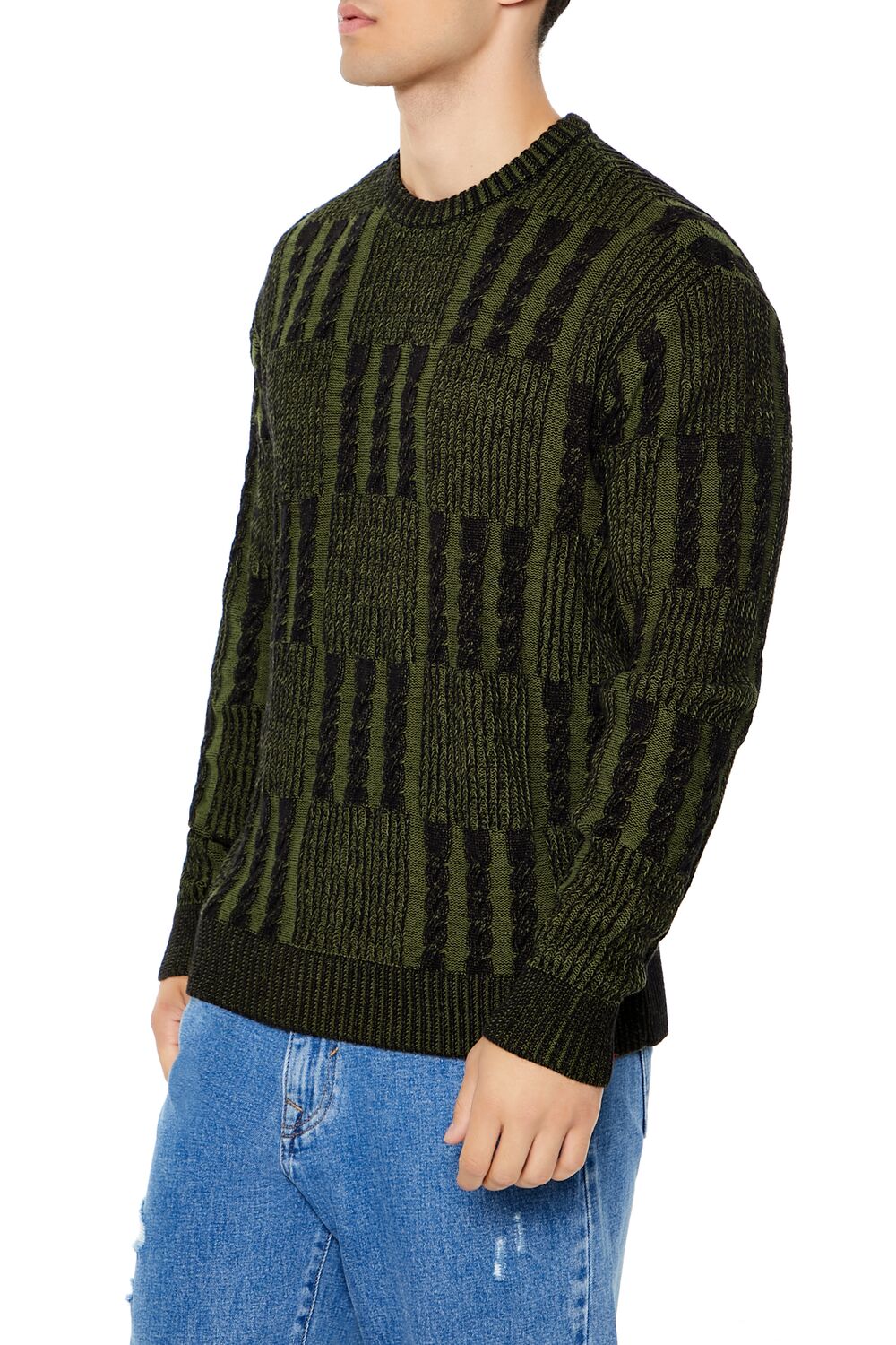  Forever 21 Checkered Cable Knit Sweater - olive multi - Bonton