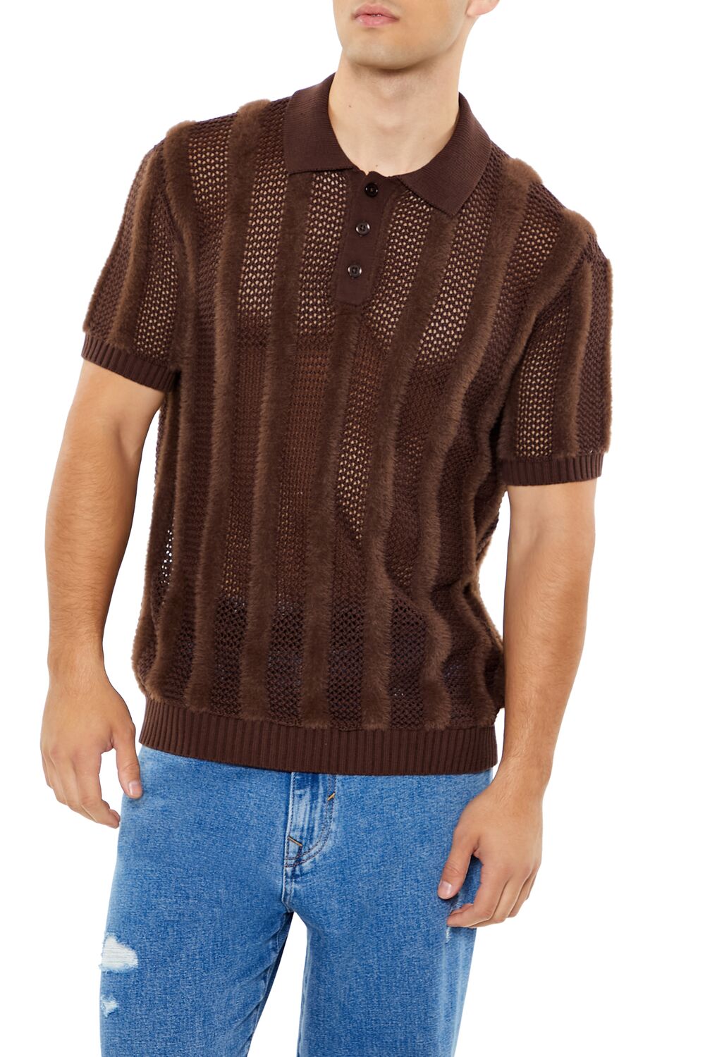  Forever 21 Striped Sweater-Knit Polo Shirt - cocoa - Bonton