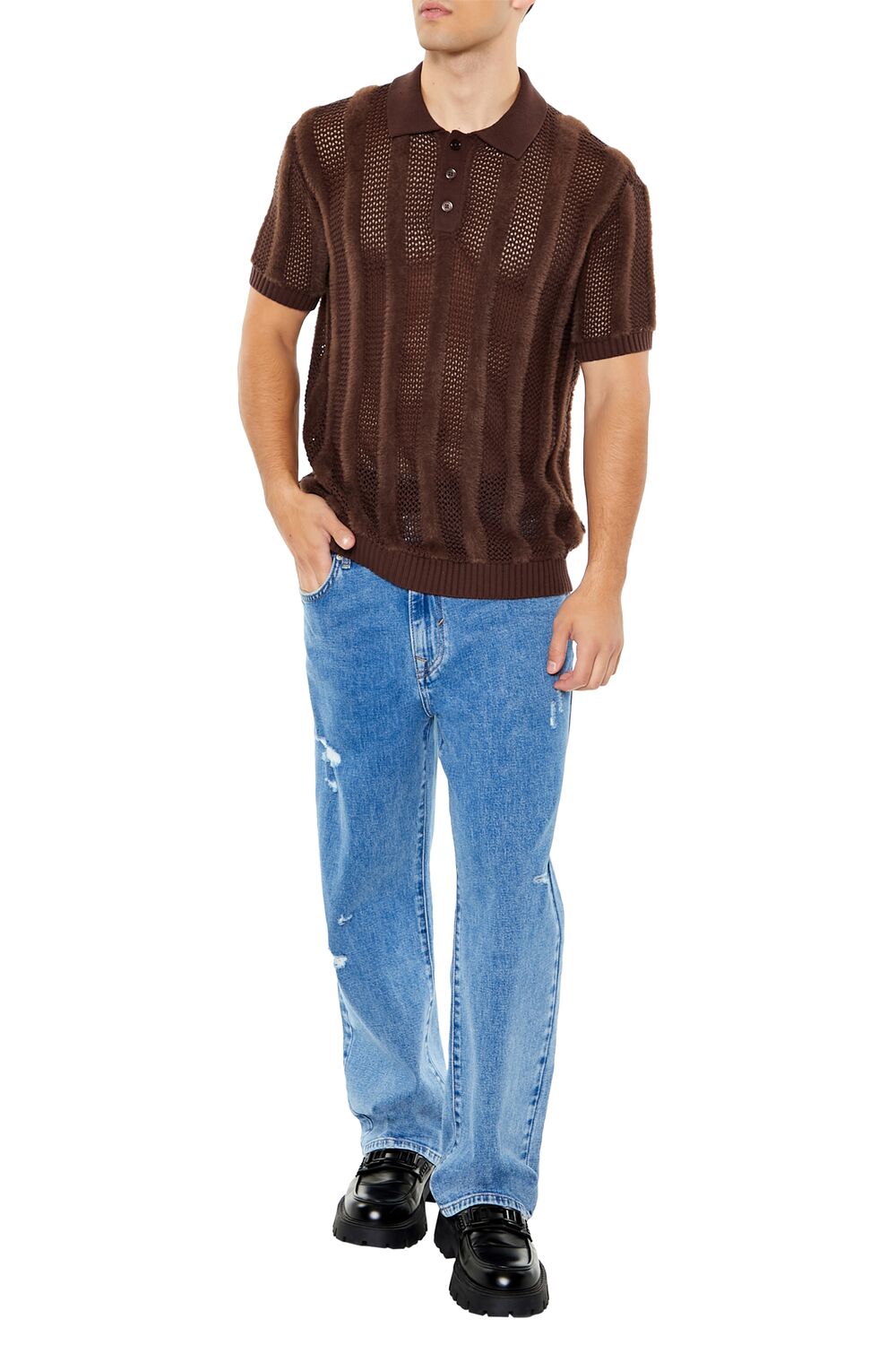  Forever 21 Striped Sweater-Knit Polo Shirt - cocoa - Bonton