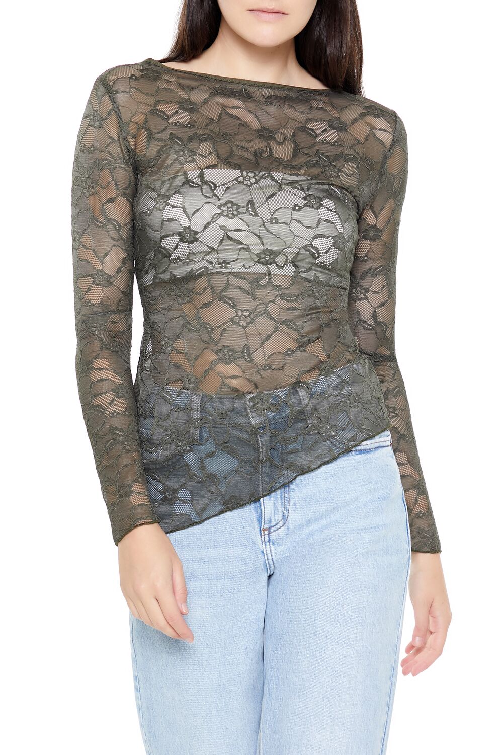  Forever 21 Asymmetrical Sheer Lace Top - cream - Bonton