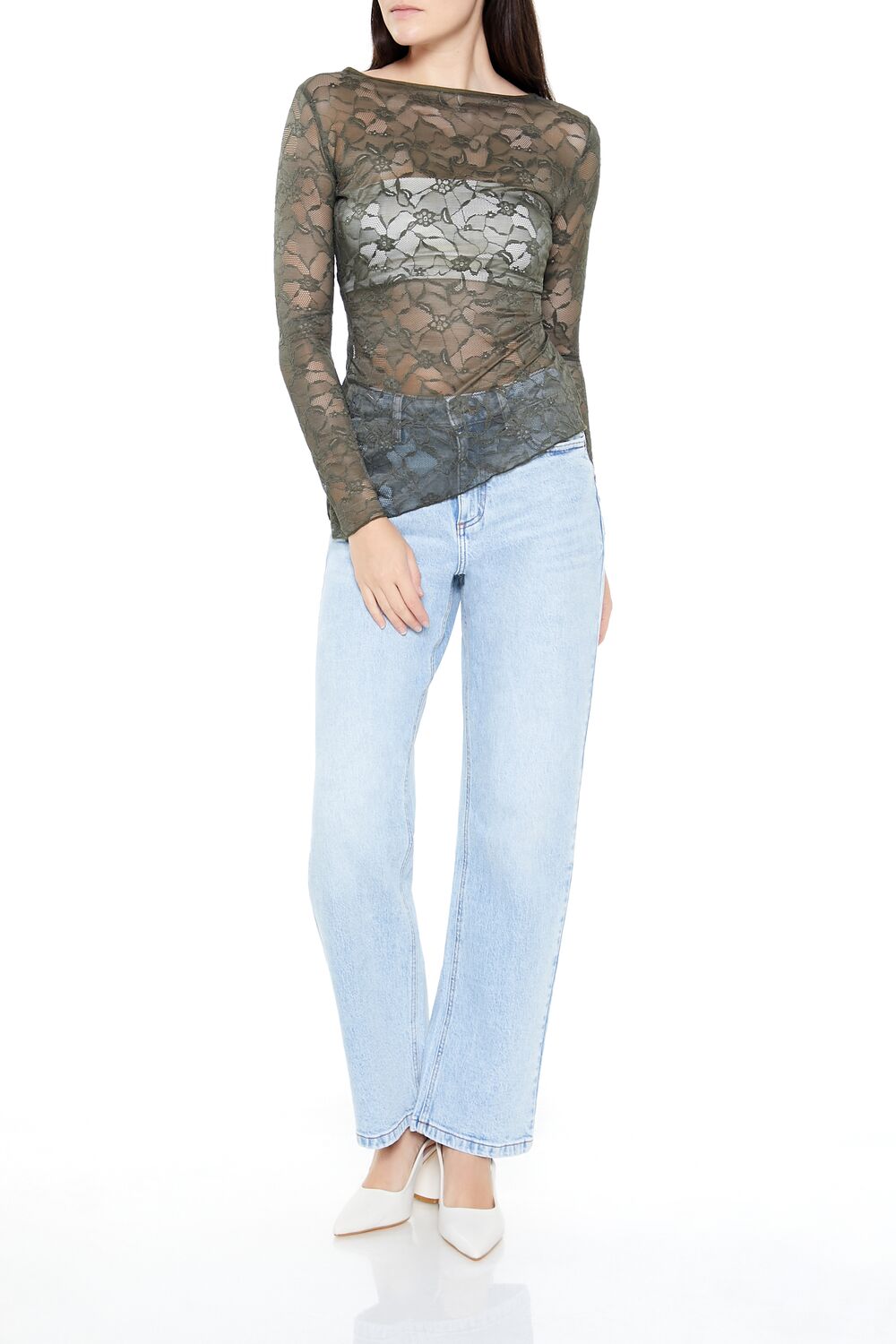  Forever 21 Asymmetrical Sheer Lace Top - cream - Bonton