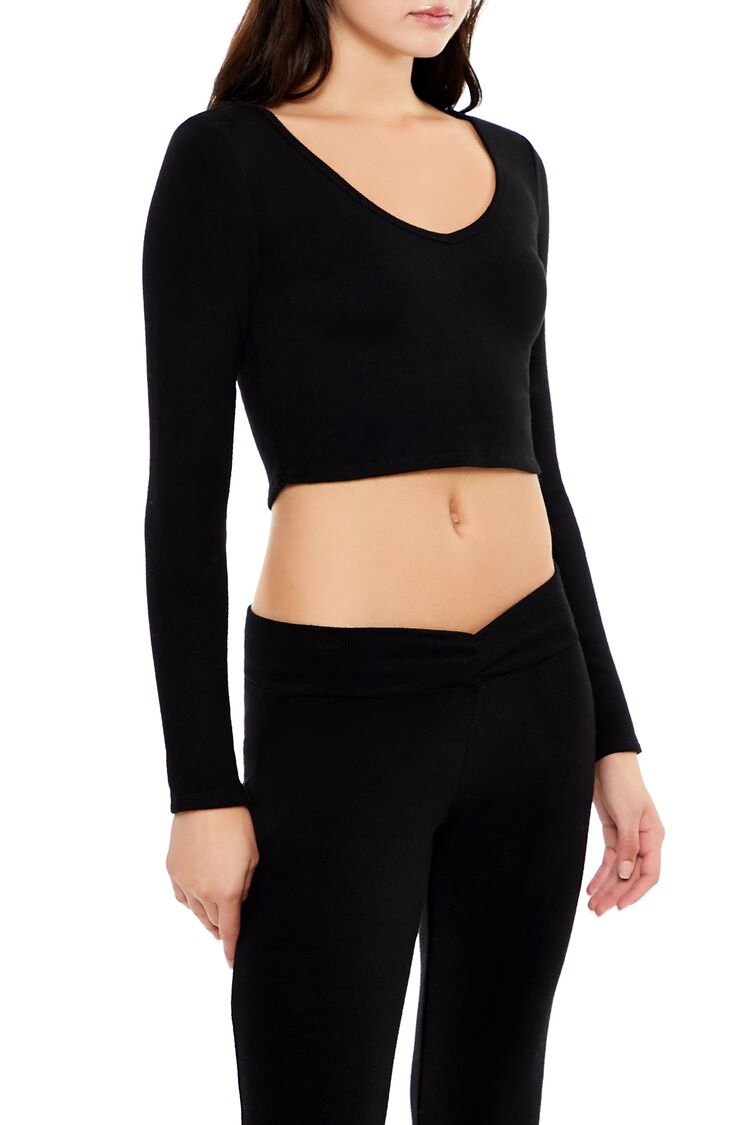  Forever 21 V-Neck Long-Sleeve Crop Top - black - Bonton