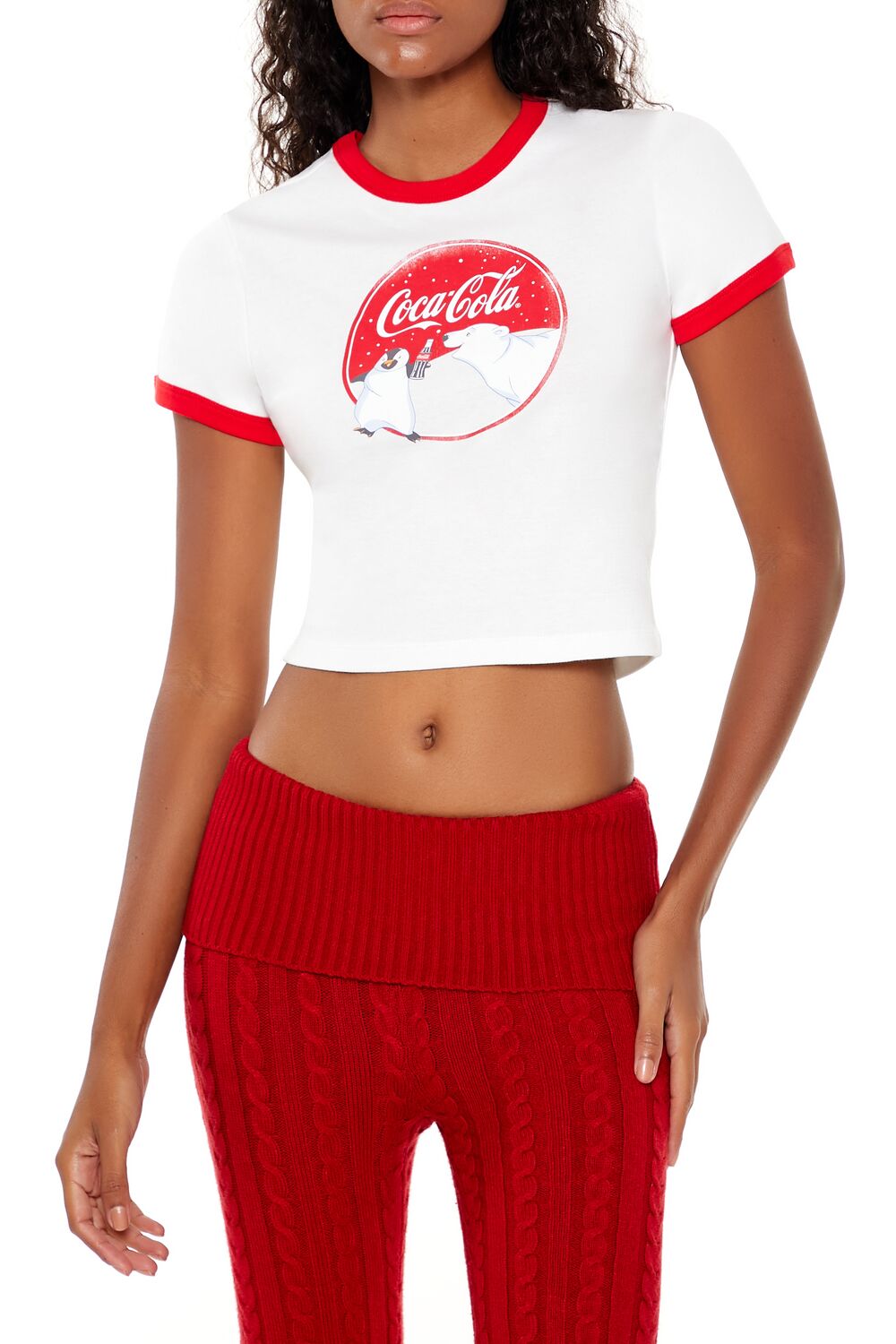  Forever 21 Coca-Cola Snow Ringer Baby Tee - white multi - Bonton