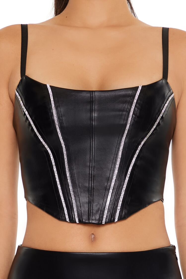  Forever 21 Rhinestone Faux Leather Bustier Cami - black silver - Bonton