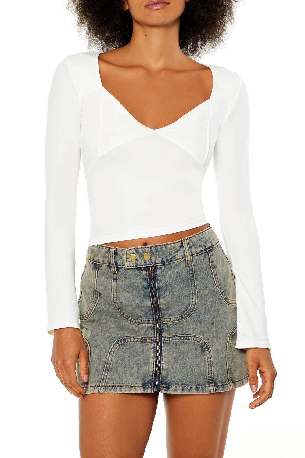  Forever 21 Seamless Knit V-Neck Crop Top - egret - Bonton