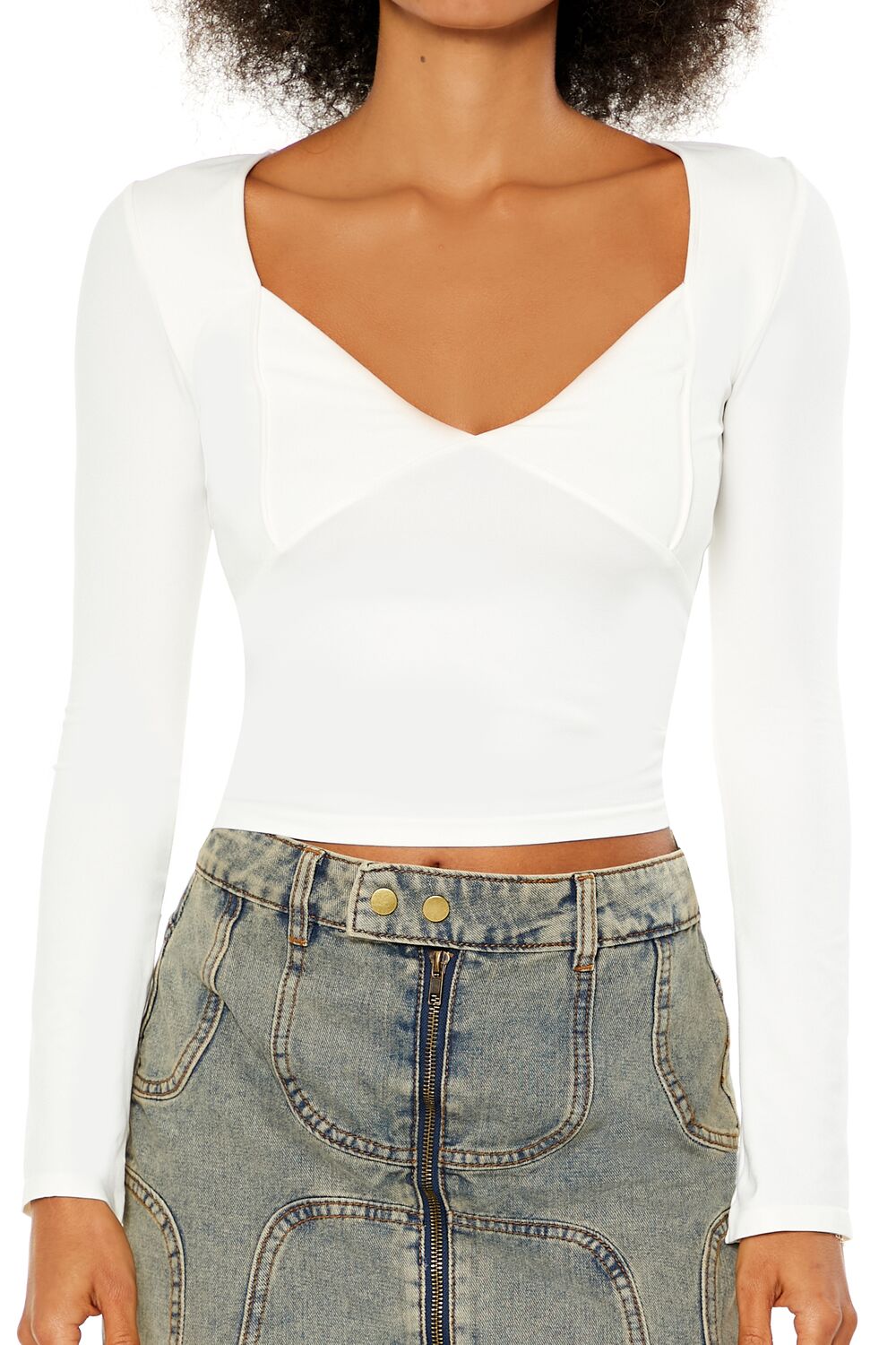  Forever 21 Seamless Knit V-Neck Crop Top - egret - Bonton
