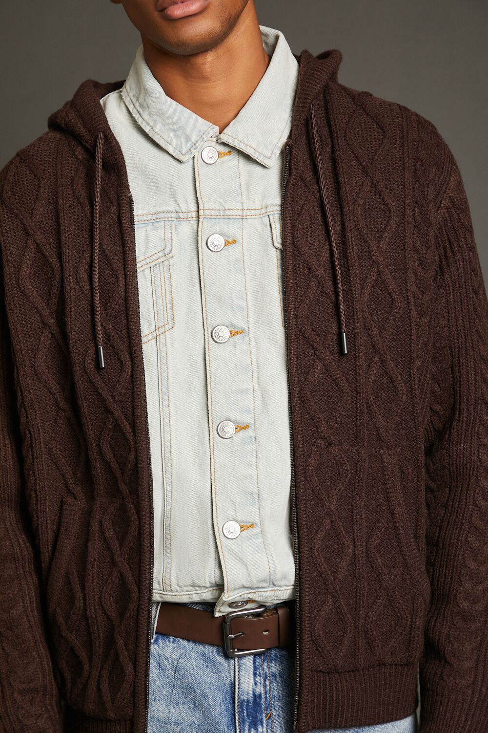  Forever 21 Hooded Cable Knit Zip-Up Sweater - cocoa - Bonton