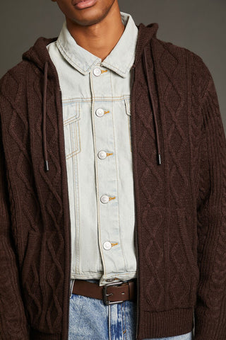 Hooded Cable Knit Zip-Up Sweater