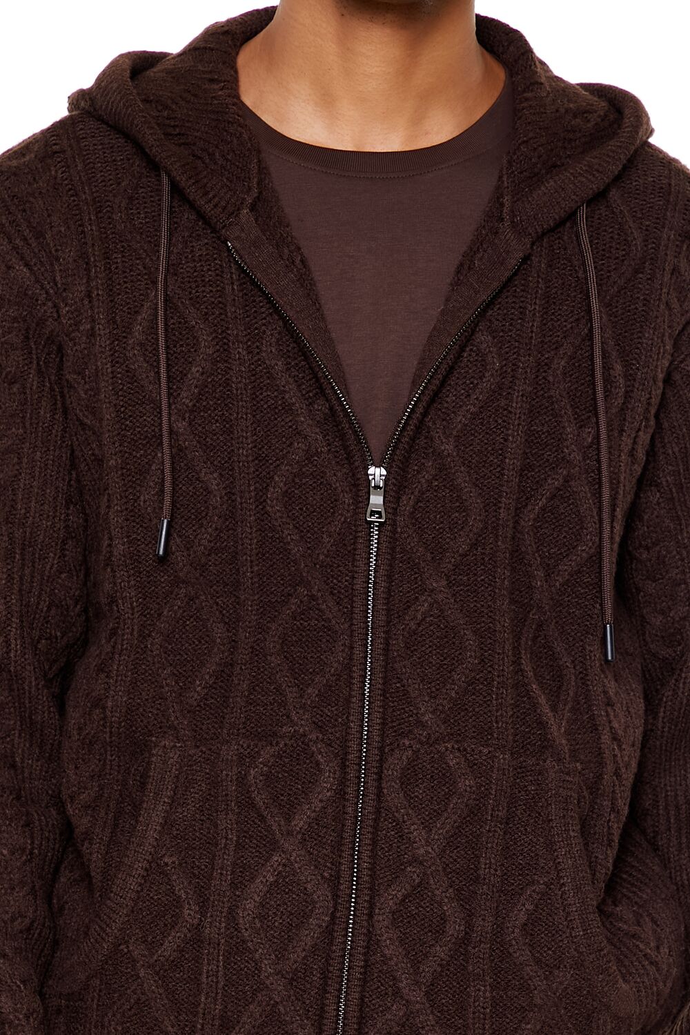  Forever 21 Hooded Cable Knit Zip-Up Sweater - cocoa - Bonton