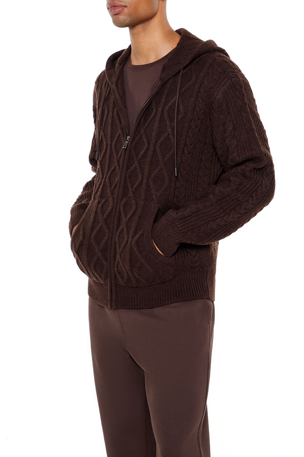  Forever 21 Hooded Cable Knit Zip-Up Sweater - cocoa - Bonton