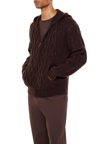 Hooded Cable Knit Zip-Up Sweater