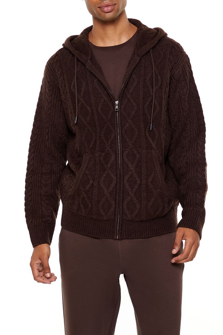  Forever 21 Hooded Cable Knit Zip-Up Sweater - cocoa - Bonton
