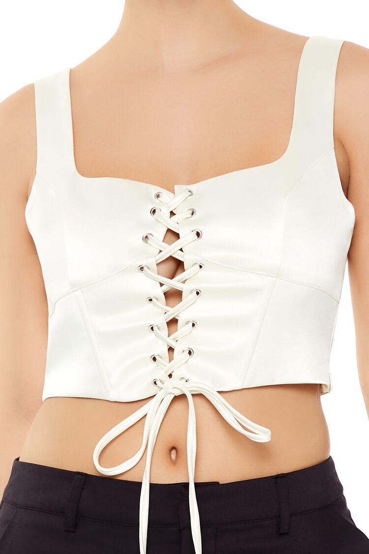  Forever 21 Satin Lace-Up Crop Top - egret - Bonton
