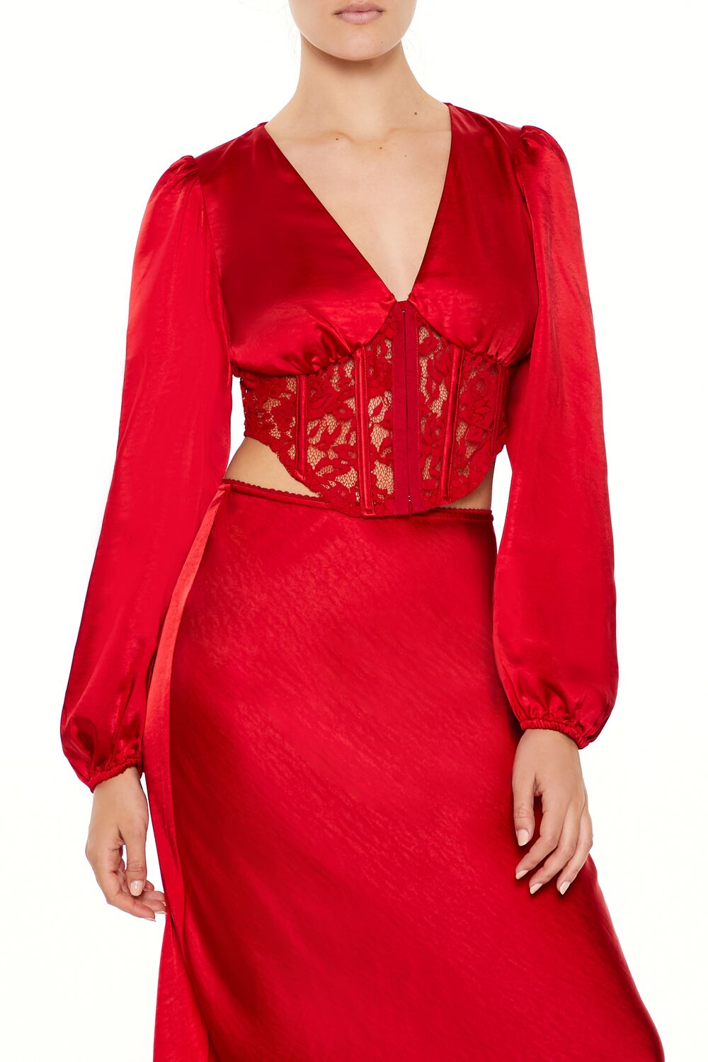  Forever 21 Satin & Lace Corset Crop Top - dark red - Bonton