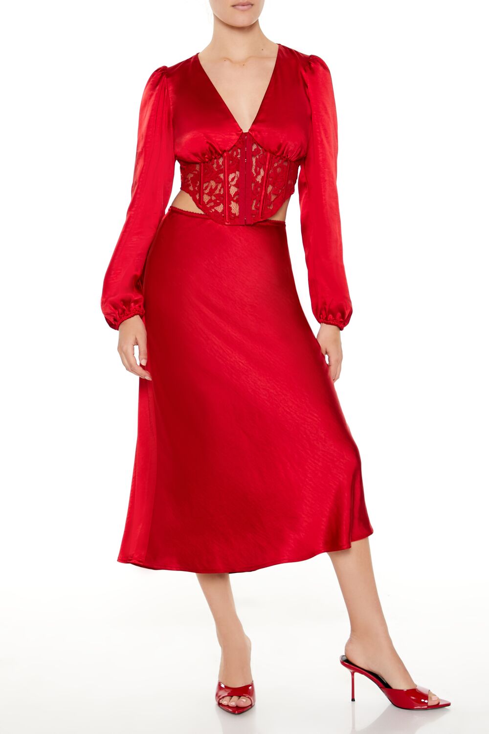  Forever 21 Satin & Lace Corset Crop Top - dark red - Bonton