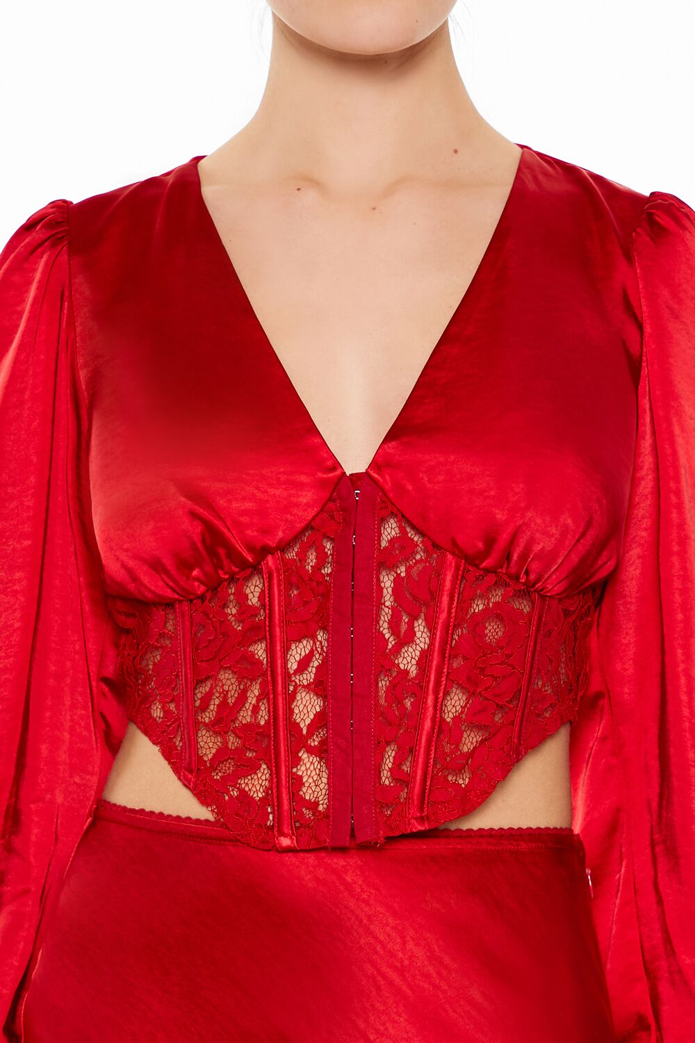  Forever 21 Satin & Lace Corset Crop Top - dark red - Bonton
