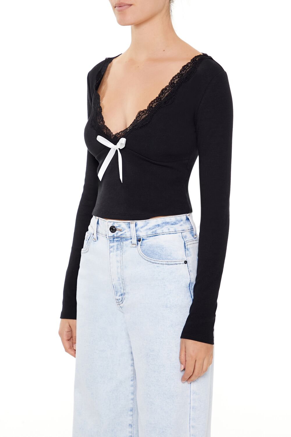  Forever 21 Lace-Trim Plunging Bow Crop Top - black white - Bonton