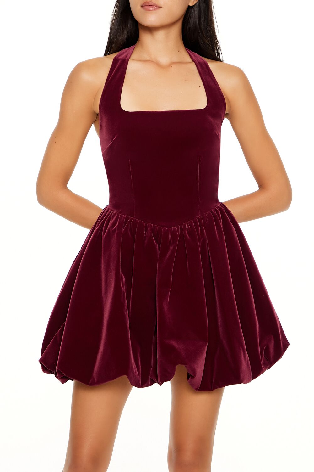  Forever 21 Halter Bubble-Hem Mini Dress - merlot-swatch - Bonton