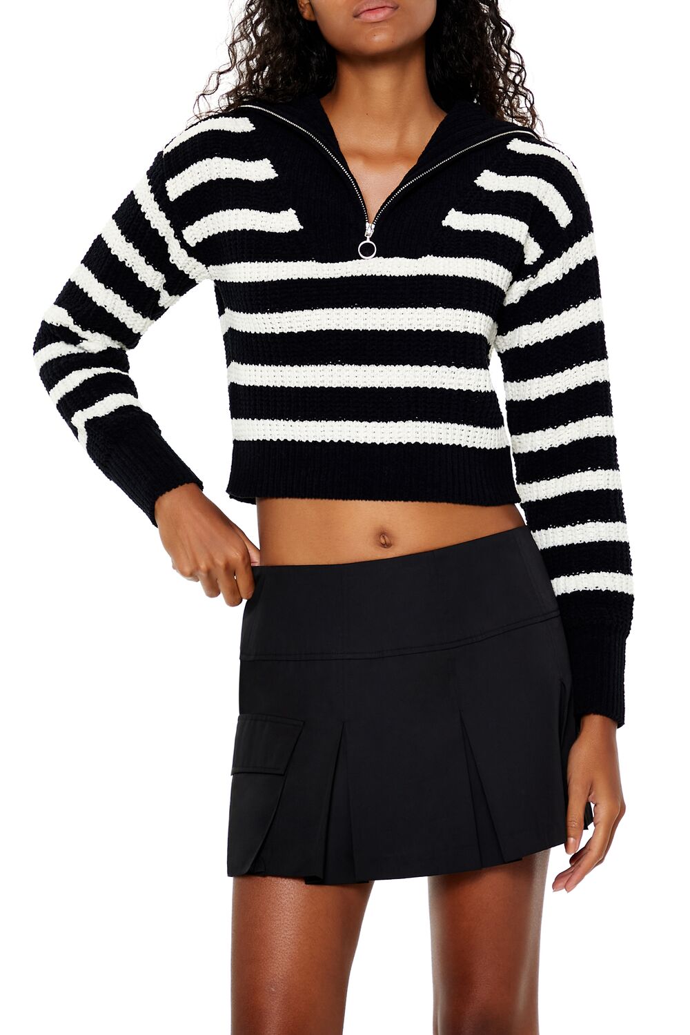  Forever 21 Striped Half-Zip Sweater - black white - Bonton