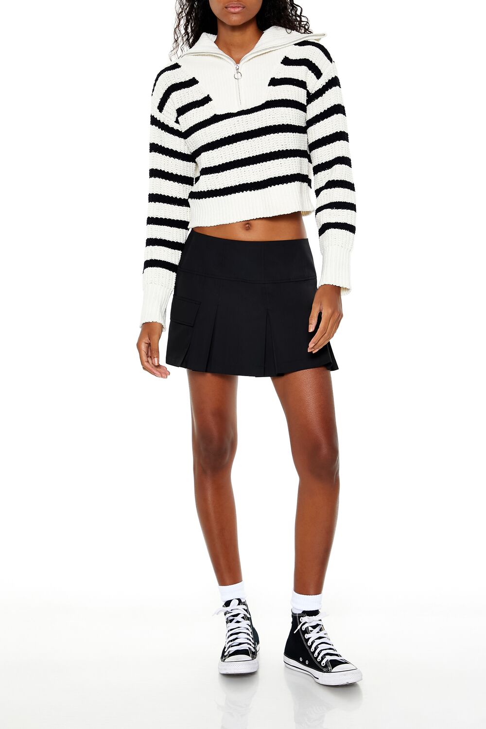  Forever 21 Striped Half-Zip Sweater - black white - Bonton