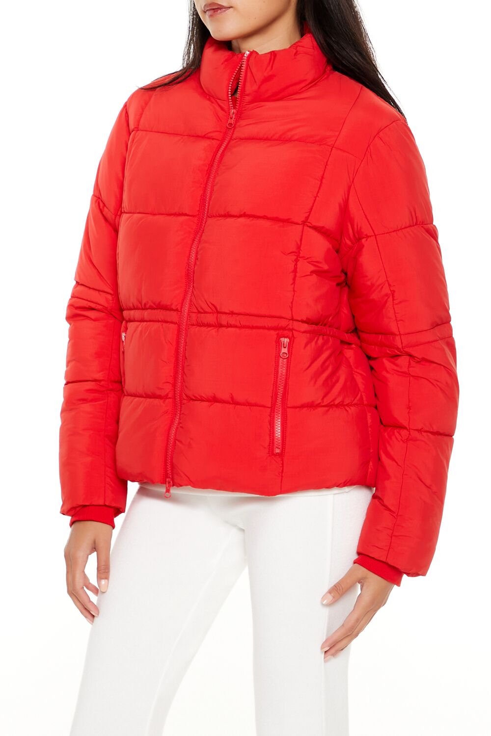  Forever 21 Quilted Zip-Up Puffer Jacket - high-risk-red-swatch - Bonton