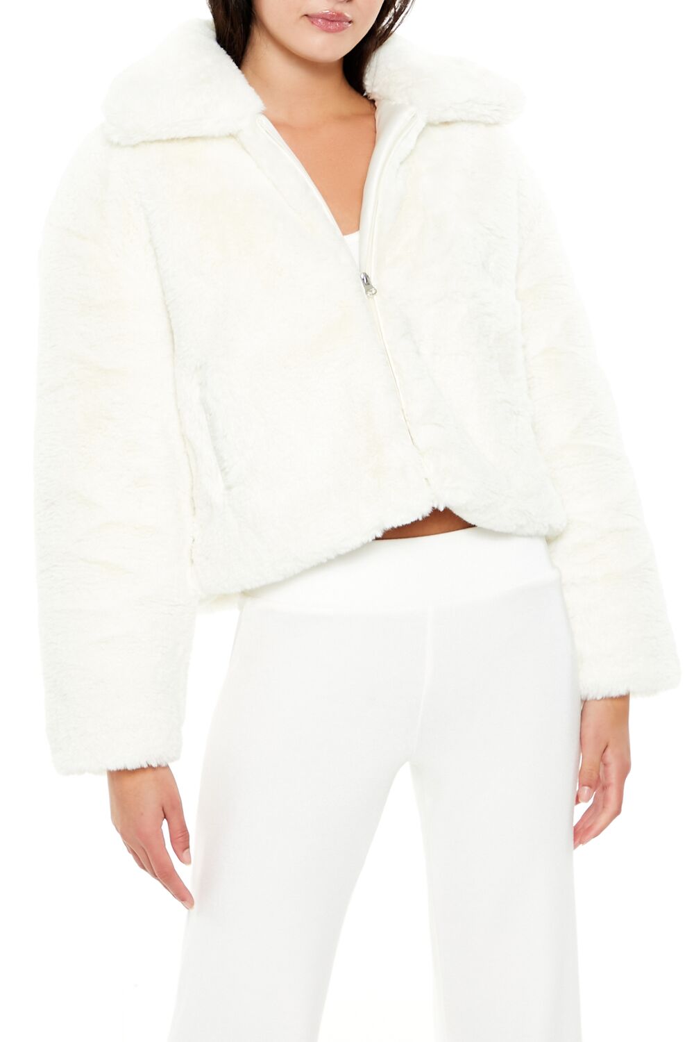  Forever 21 Faux Fur Zip-Up Coat - white - Bonton