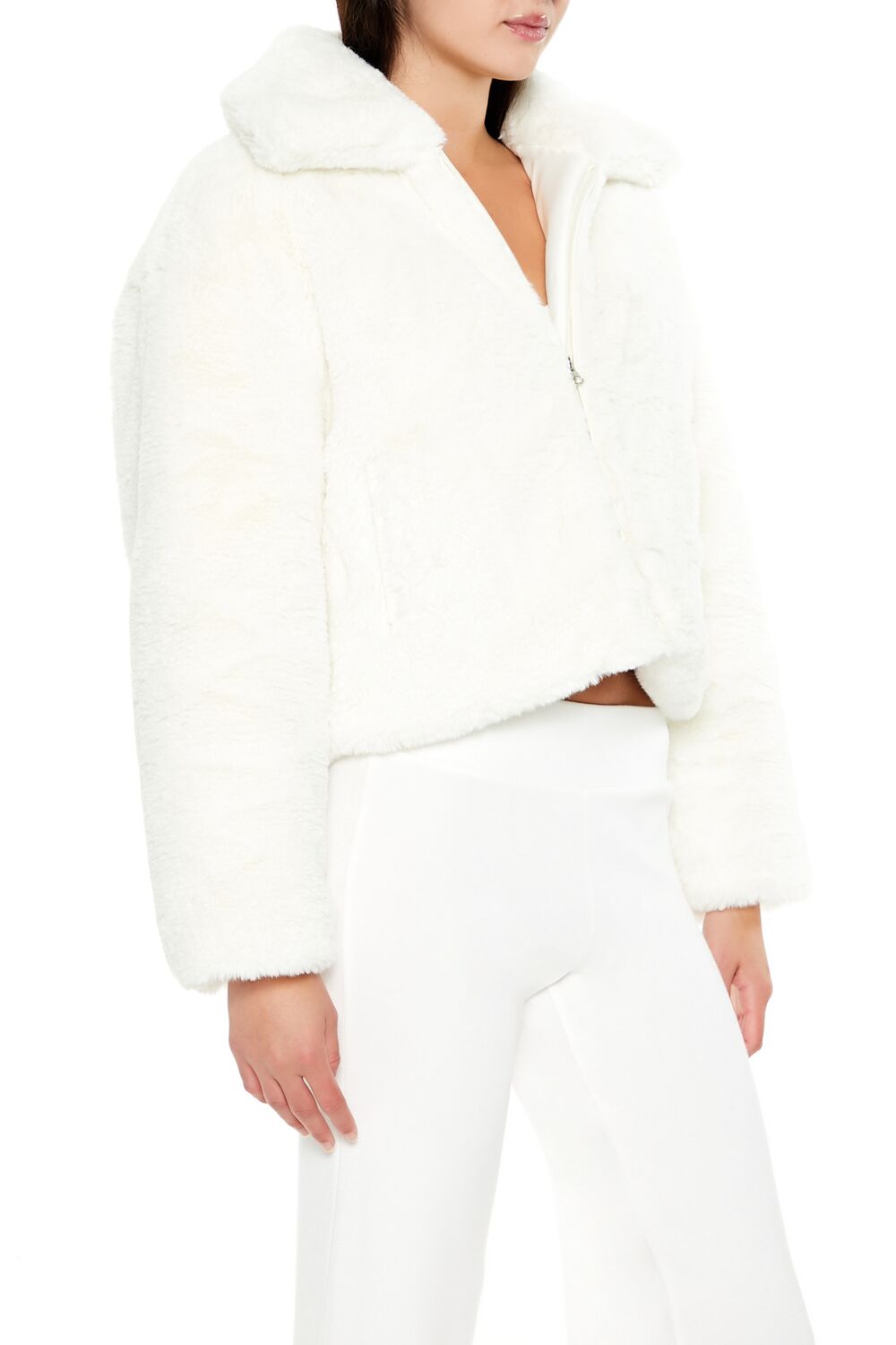  Forever 21 Faux Fur Zip-Up Coat - white - Bonton