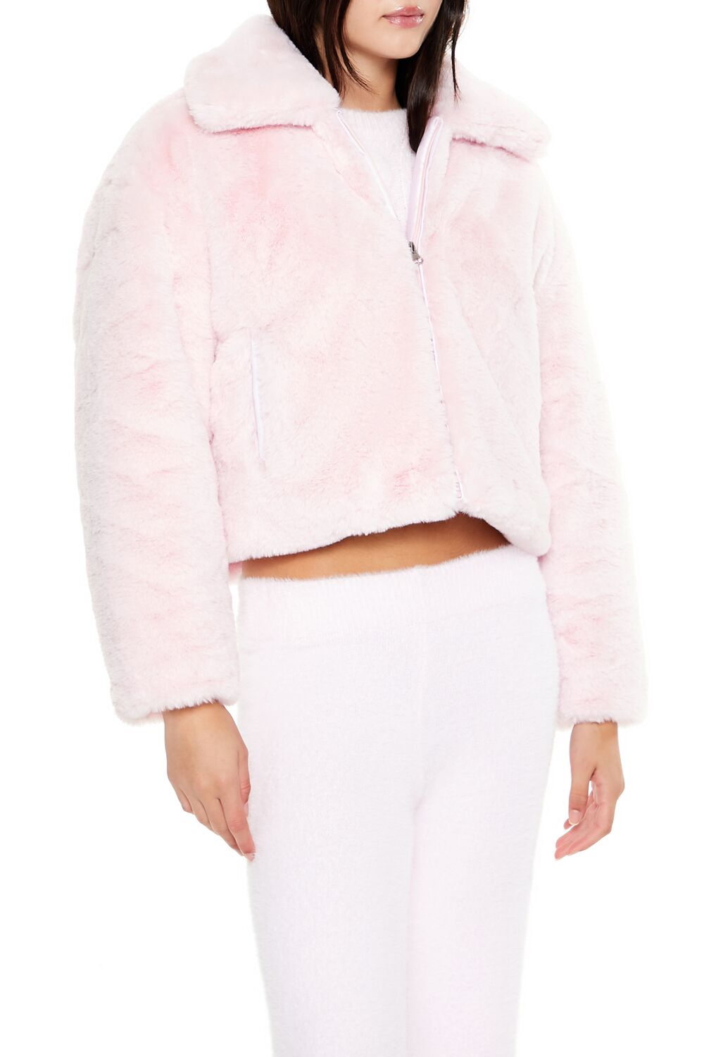  Forever 21 Faux Fur Zip-Up Coat - white - Bonton