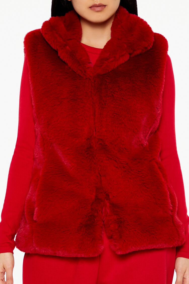  Forever 21 Notched Faux Fur Vest - dark-red-swatch - Bonton
