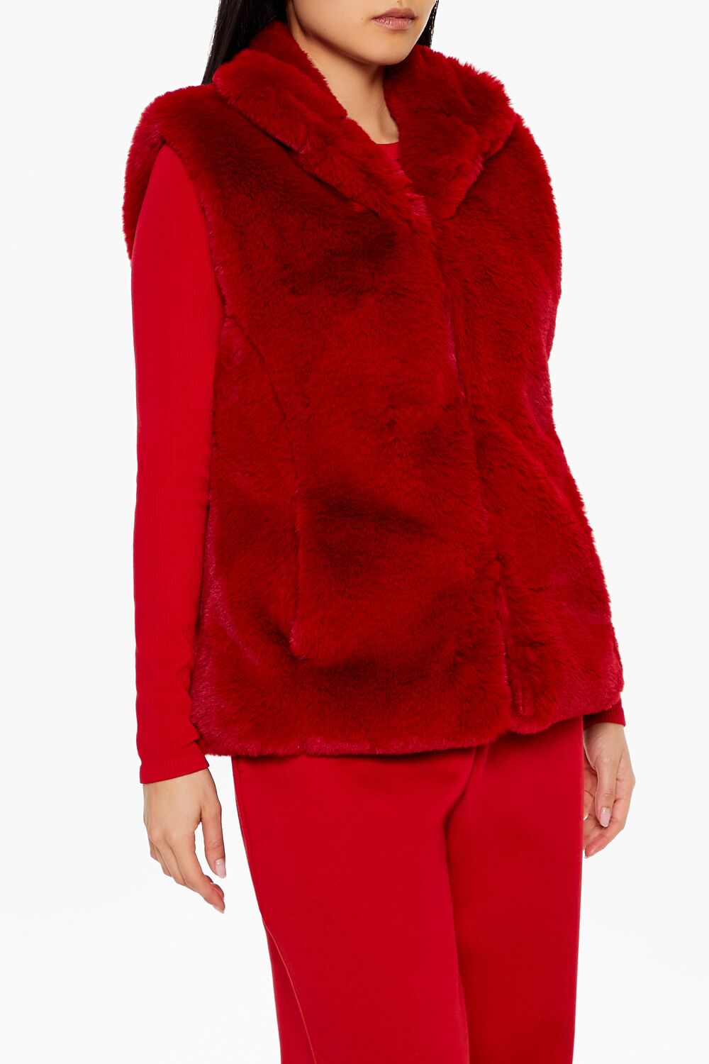  Forever 21 Notched Faux Fur Vest - dark-red-swatch - Bonton