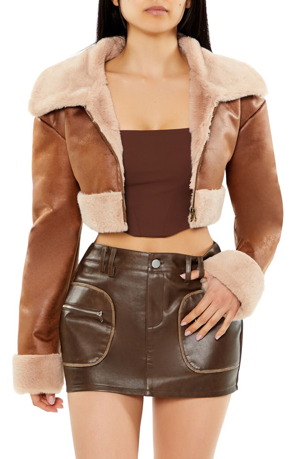  Forever 21 Faux Fur-Trim Cropped Moto Jacket - brown-swatch - Bonton
