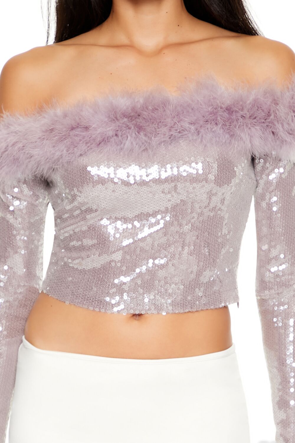  Forever 21 Faux Fur-Trim Sequin Crop Top - lavender - Bonton