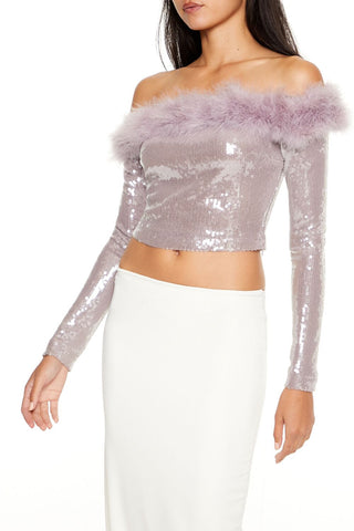Faux Fur-Trim Sequin Crop Top