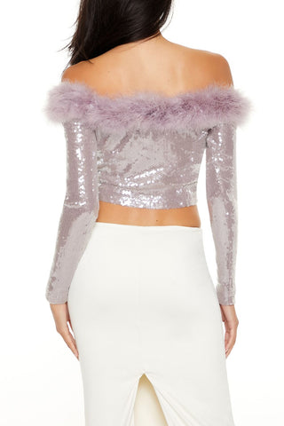 Faux Fur-Trim Sequin Crop Top
