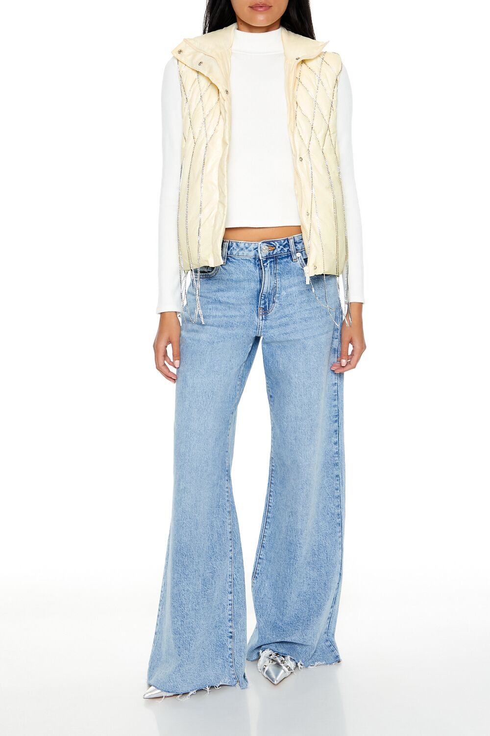  Forever 21 Quilted Rhinestone Fringe Vest - egret-swatch - Bonton