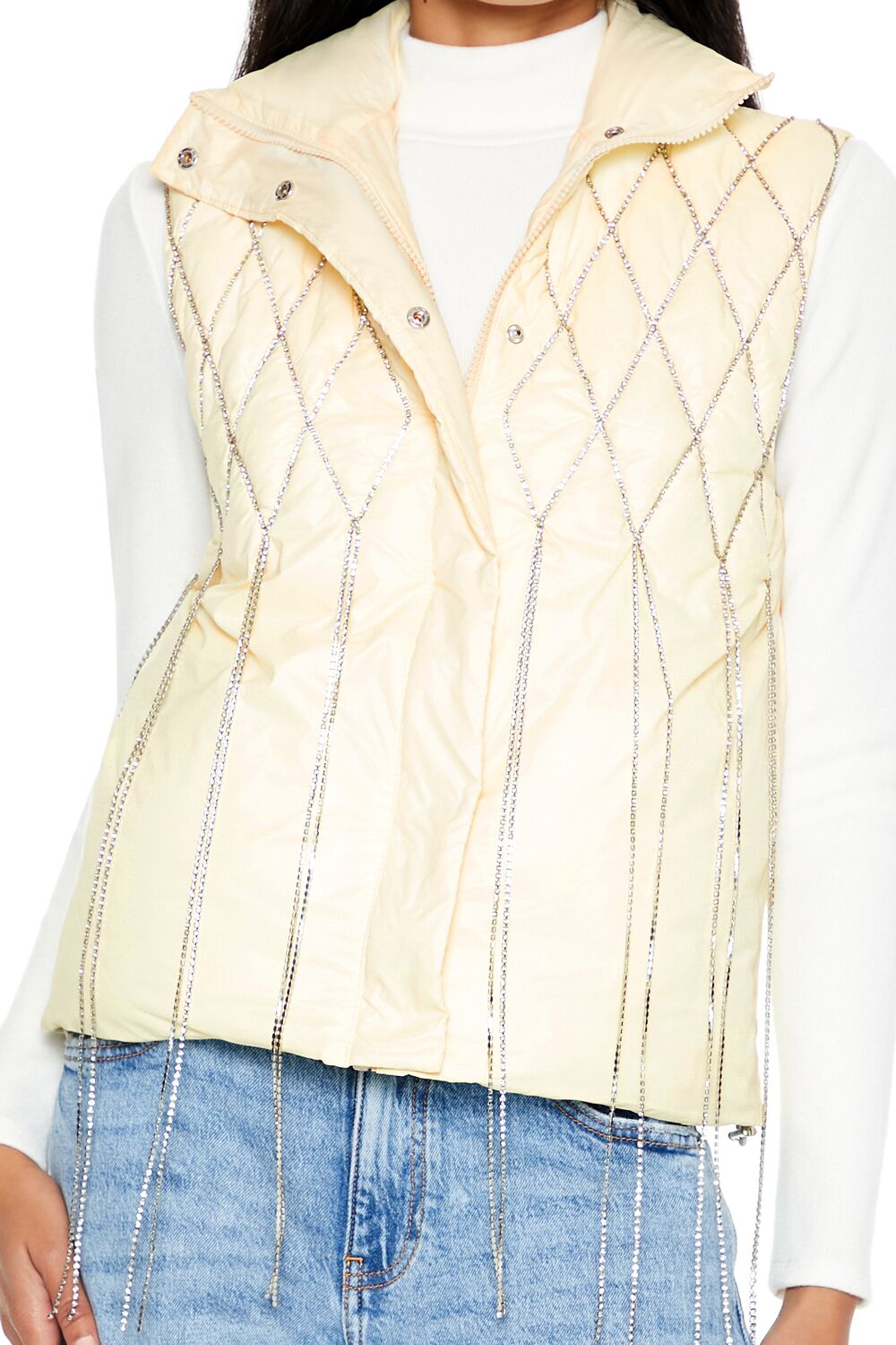  Forever 21 Quilted Rhinestone Fringe Vest - egret-swatch - Bonton