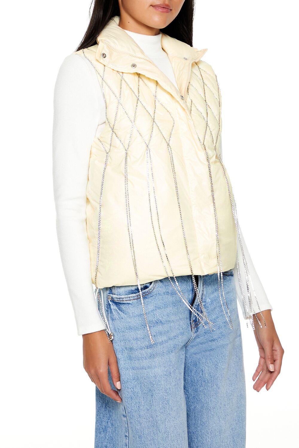  Forever 21 Quilted Rhinestone Fringe Vest - egret-swatch - Bonton