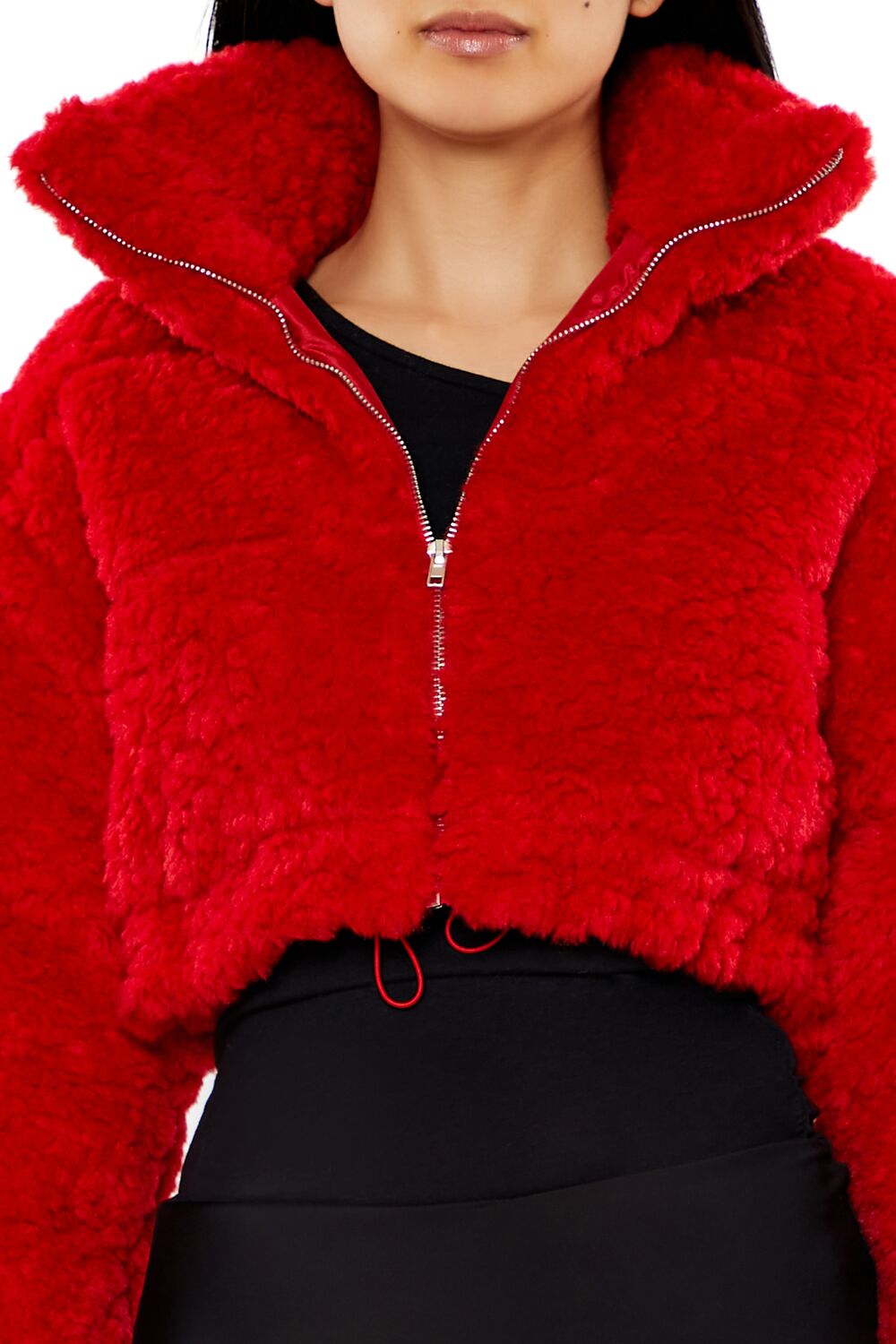  Forever 21 Cropped Faux Shearling Jacket - dark-red-swatch - Bonton
