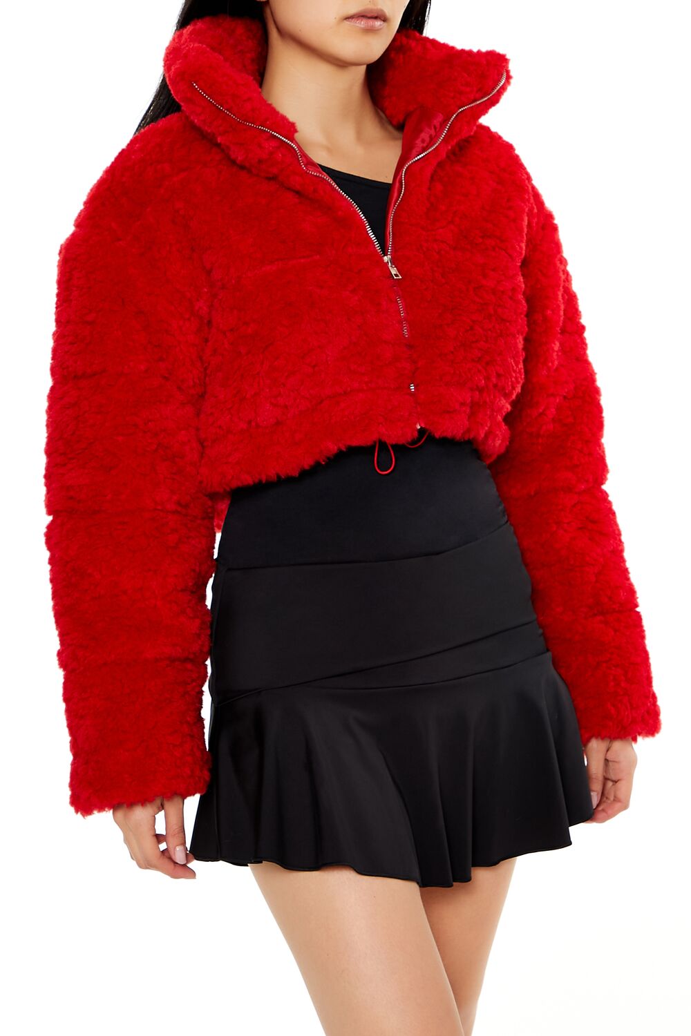  Forever 21 Cropped Faux Shearling Jacket - dark-red-swatch - Bonton
