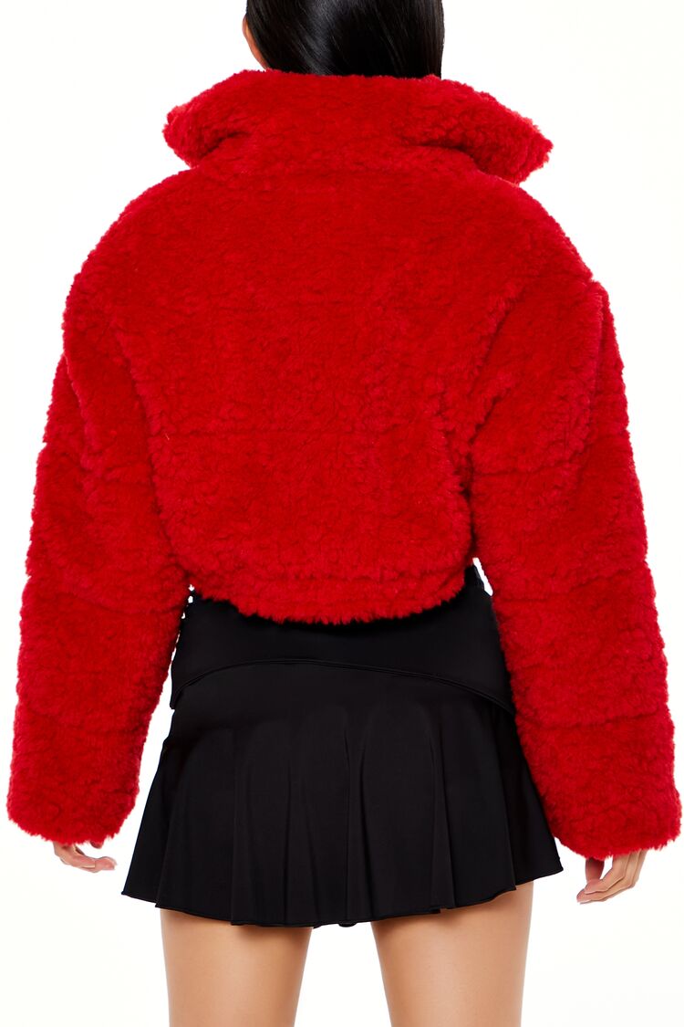  Forever 21 Cropped Faux Shearling Jacket - dark-red-swatch - Bonton