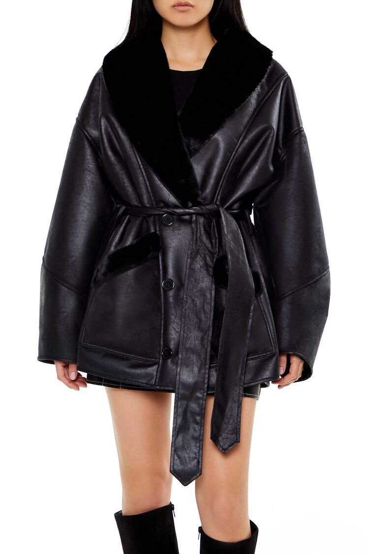  Forever 21 Faux Leather & Fur Trench Coat - black-swatch - Bonton