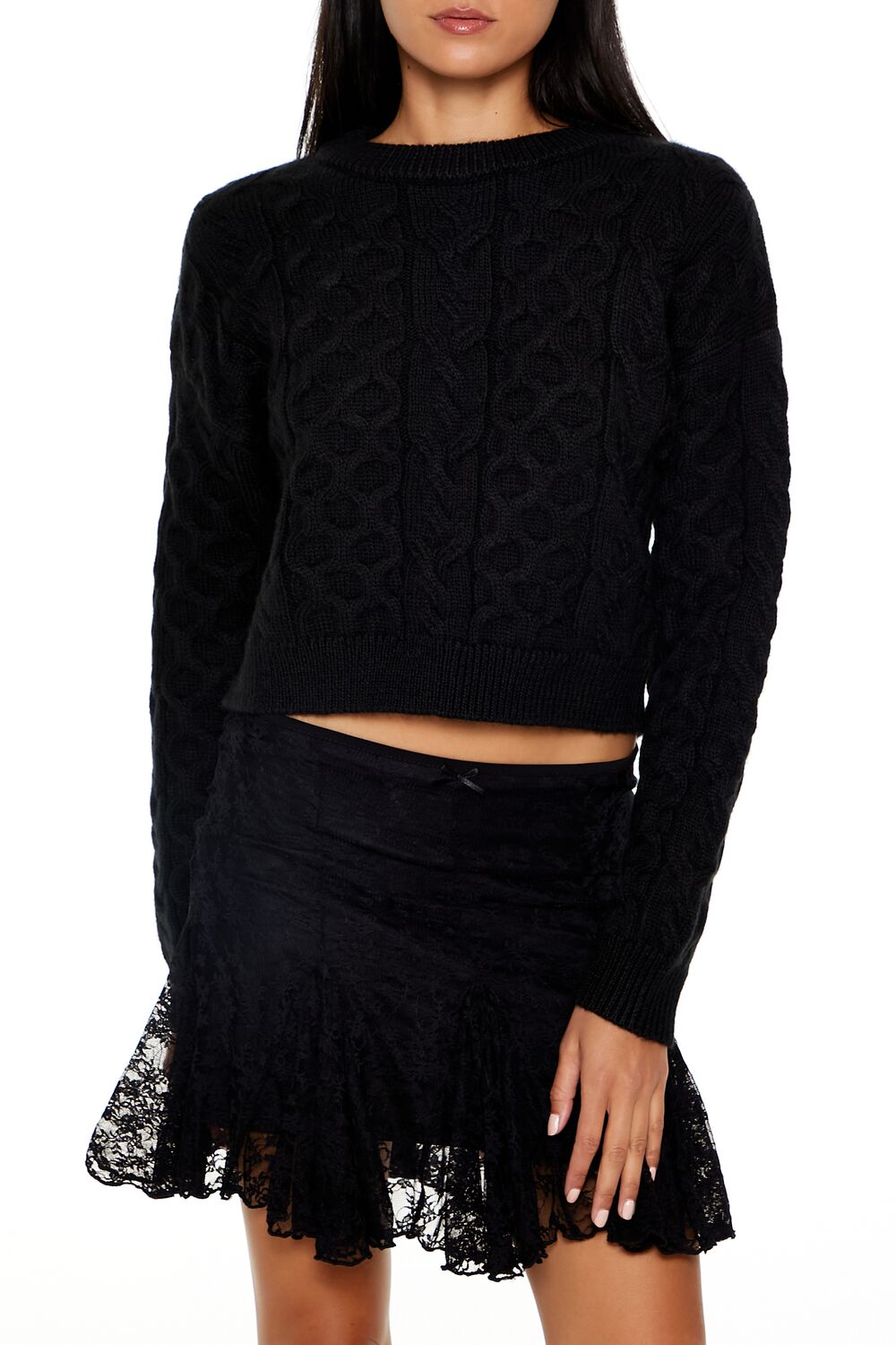  Forever 21 Cable & Honeycomb Knit Sweater - black - Bonton