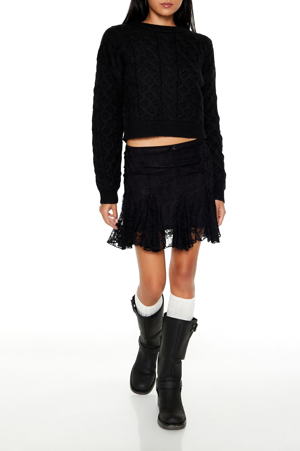  Forever 21 Cable & Honeycomb Knit Sweater - black - Bonton