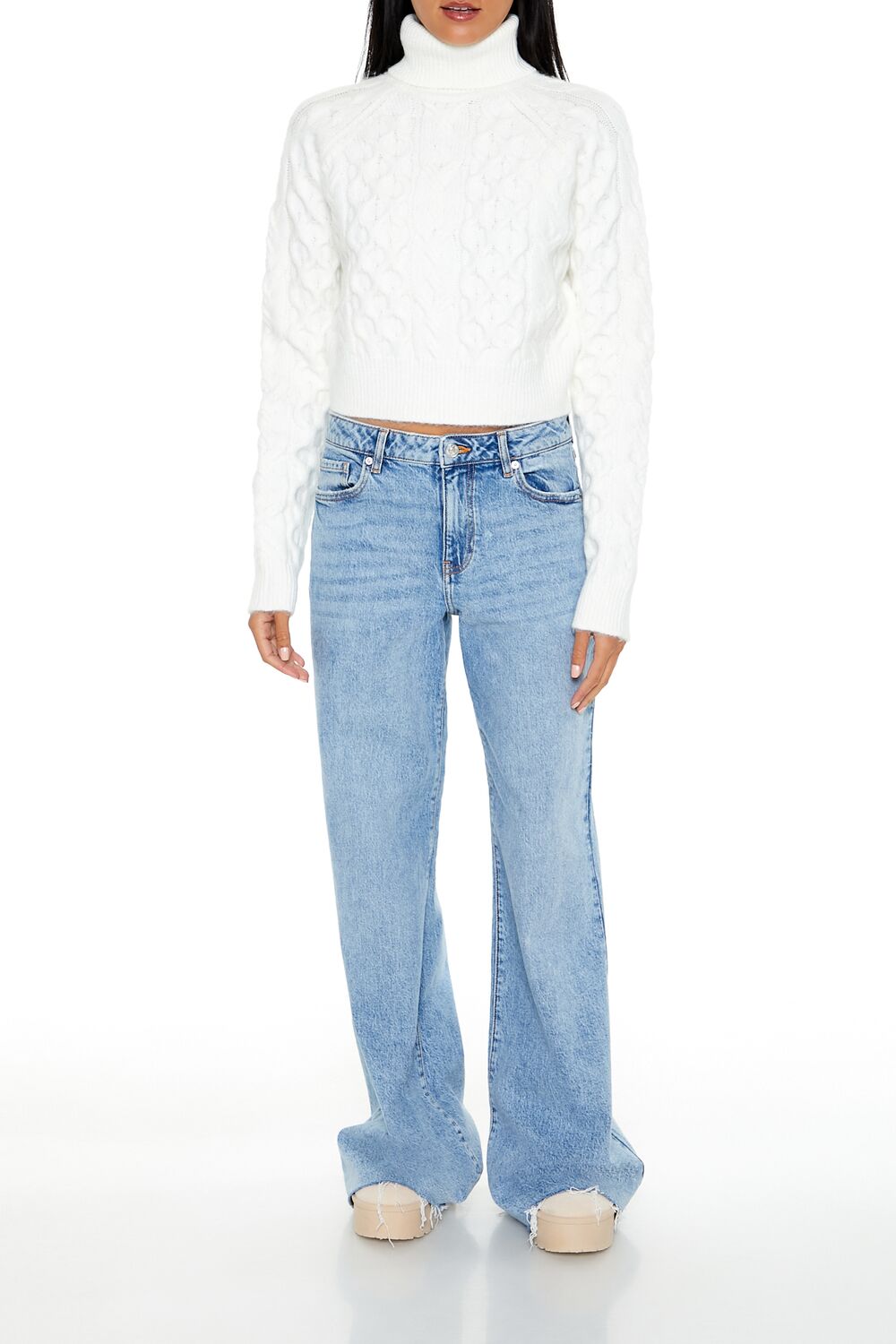  Forever 21 Cropped Cable Knit Turtleneck Sweater - sea green - Bonton