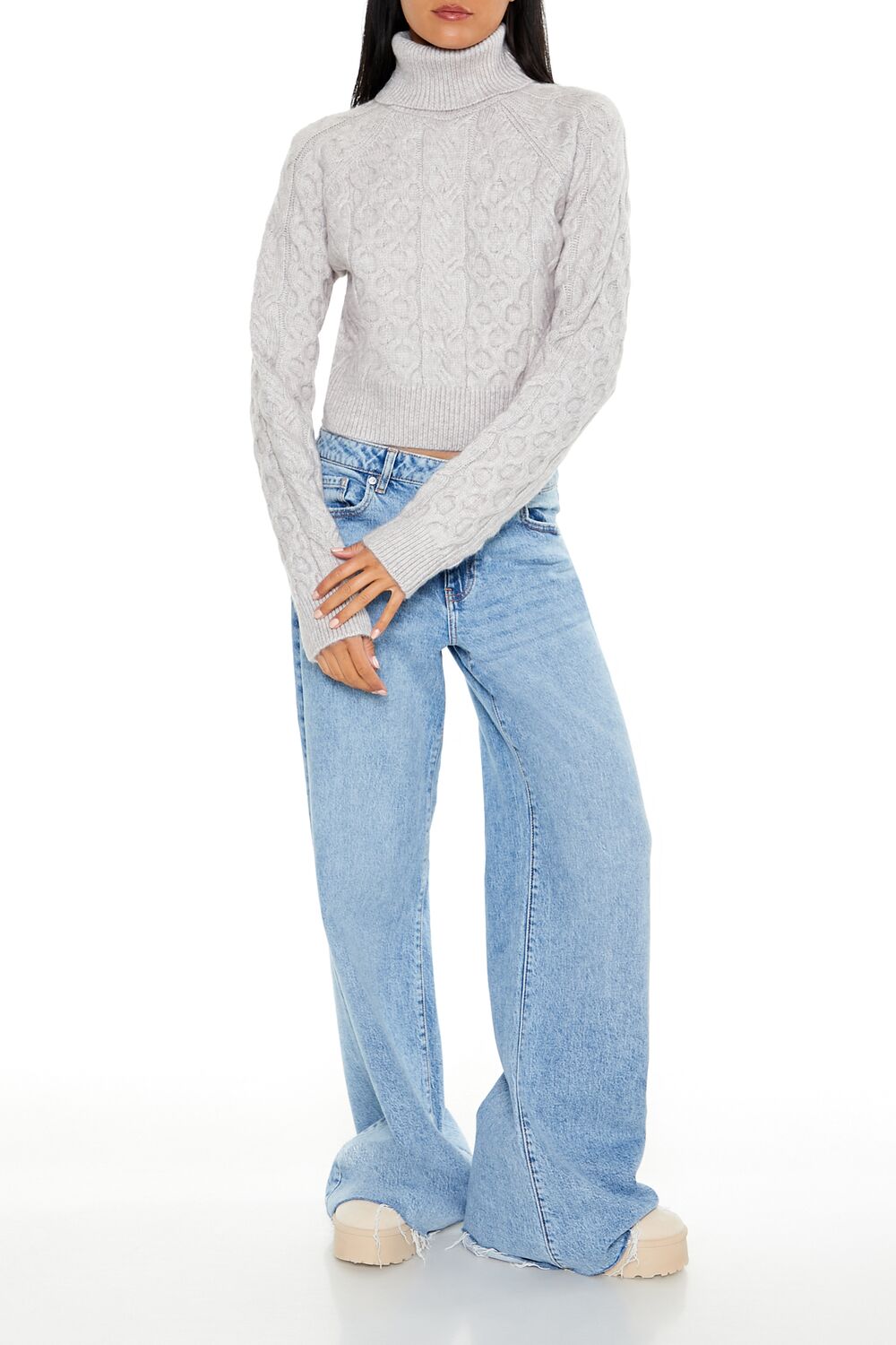  Forever 21 Cropped Cable Knit Turtleneck Sweater - sea green - Bonton