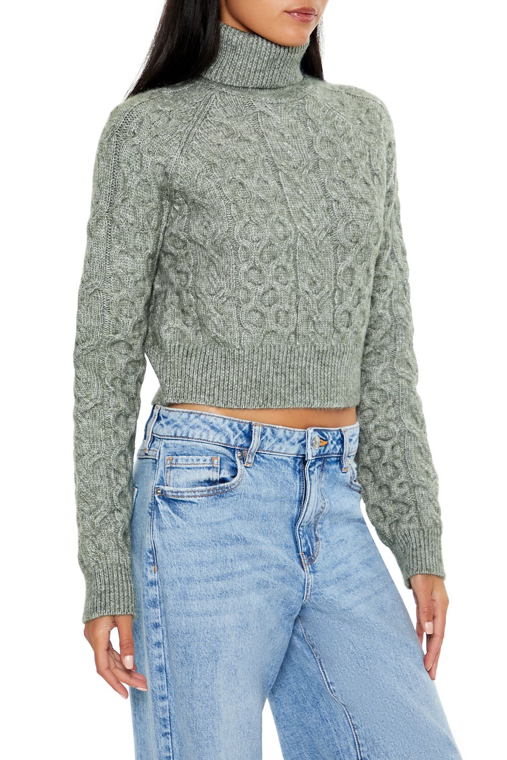 Forever 21 Cropped Cable Knit Turtleneck Sweater - sea green - Bonton
