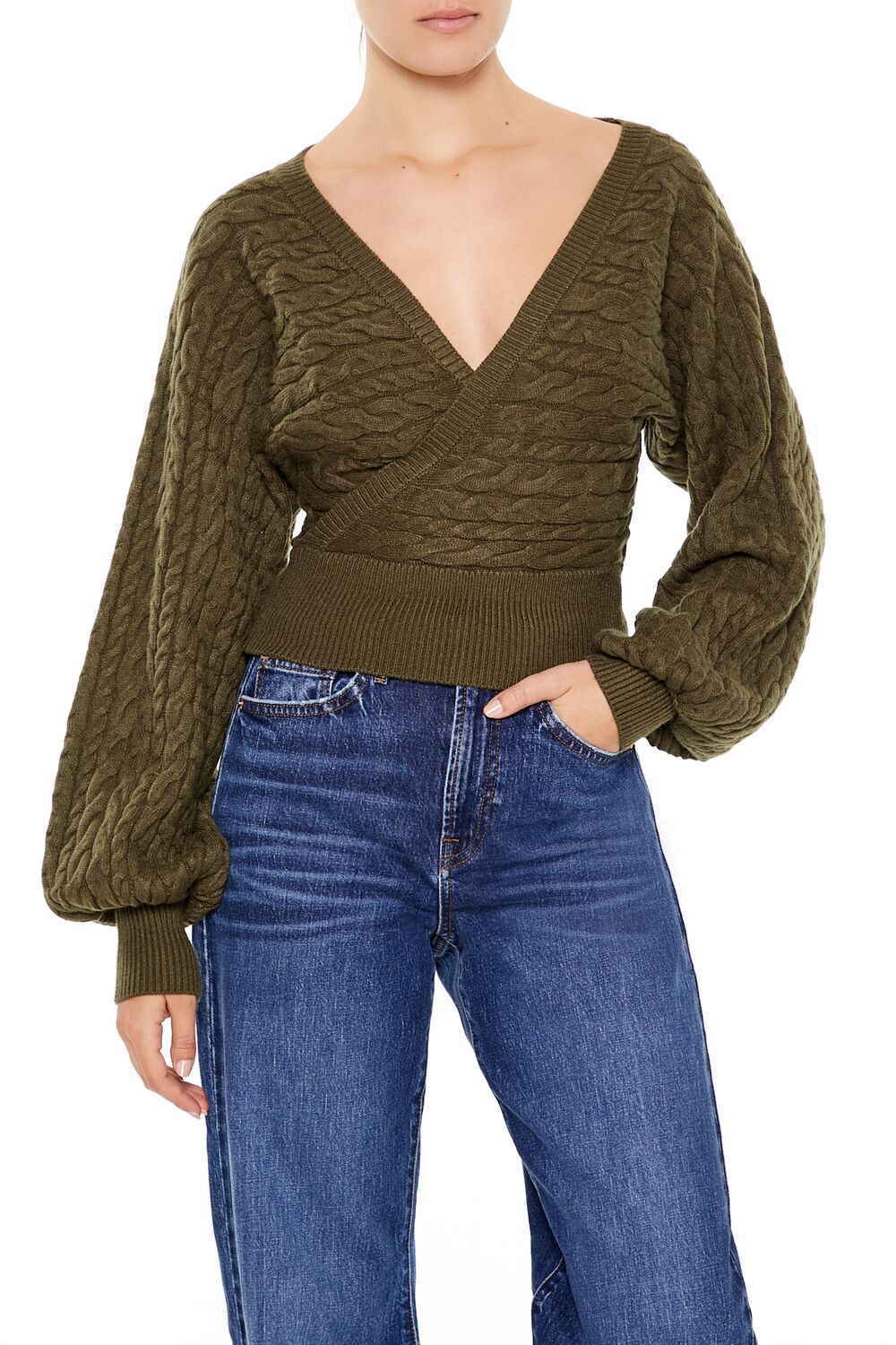  Forever 21 Peasant-Sleeve Cable Knit Sweater - white - Bonton